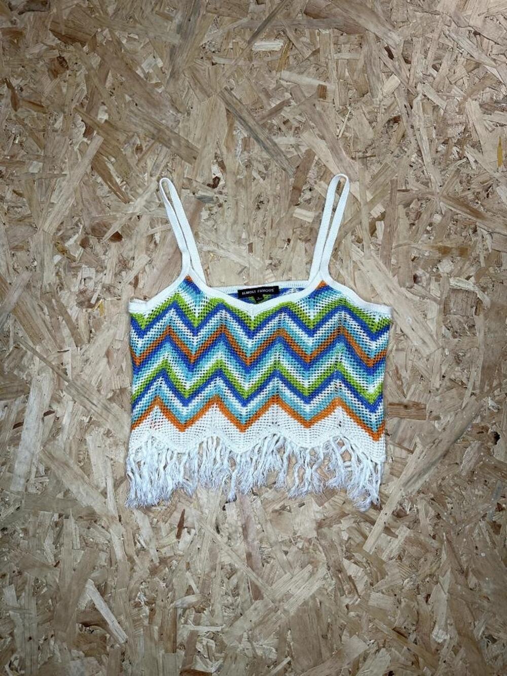 Almost Famous Crochet Knit Crop Top Womens Large Multicolor Chevron Fringe Cami